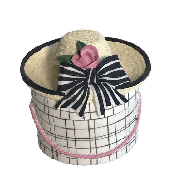 Vintage Women's Hat Ceramic Trinket Box Artisan Flair Pink Rose Bow Novelty - Picture 1 of 12